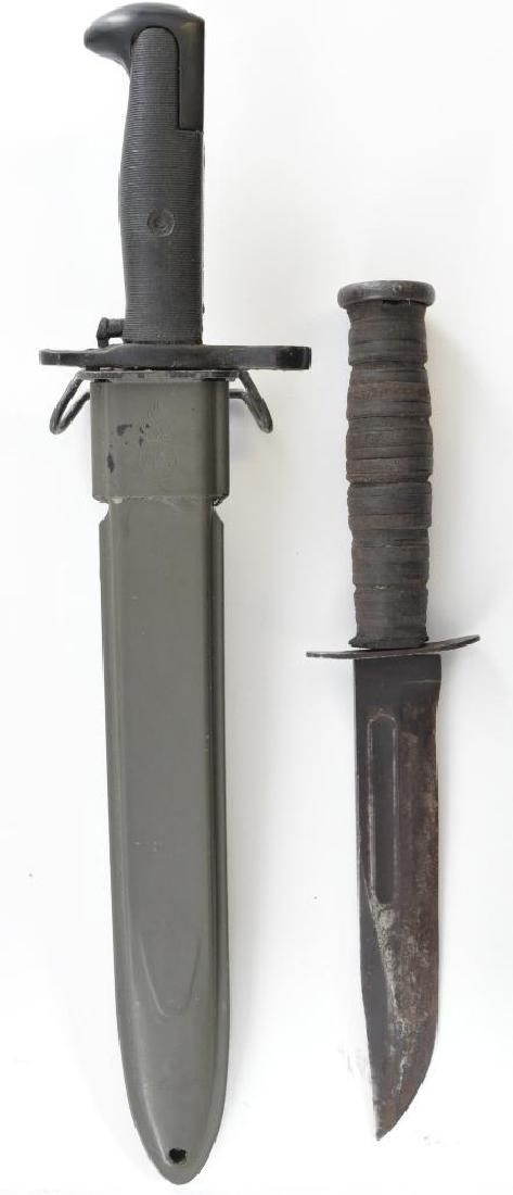 Group of 2 US Military Knives: Includes Unmarked WW2 M1 Garand Bayonet and USN MK2 Knife. Largest 15 3/4 inches with Scabbard