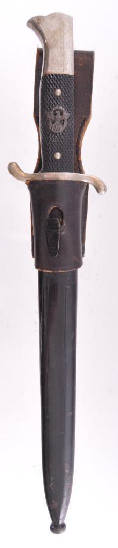 WW2 German Fire Police Dress Bayonet with Scabbard and: Overall length 15 7/8 inches, The steel blade is marked Solingen. It Measures 15/16 inch wide by 9 9/16 inches long. Includes the black painted scabbard. Also includes the black leather belt frog. Has