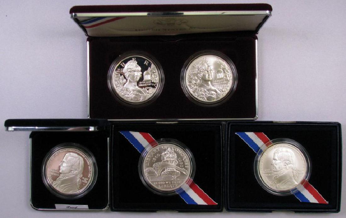 Lot of (5) U.S. Silver Commemorative Dollars.: Includes 1999 Two Coin Dolly Madison Proof & BU, 2000 Library of Congress BU, 2005 John Marshall BU & 2005 John Marshall Proof all with box and certificates..