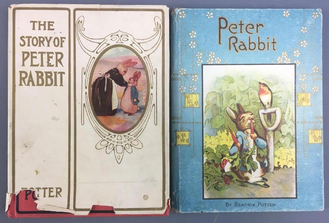 Group of 2 Antique Peter Rabbit Childrens Books: 1908 the story and Peter rabbit, Peter rabbit by Beatrix Potter, minor damage to book cover on 1908 book
