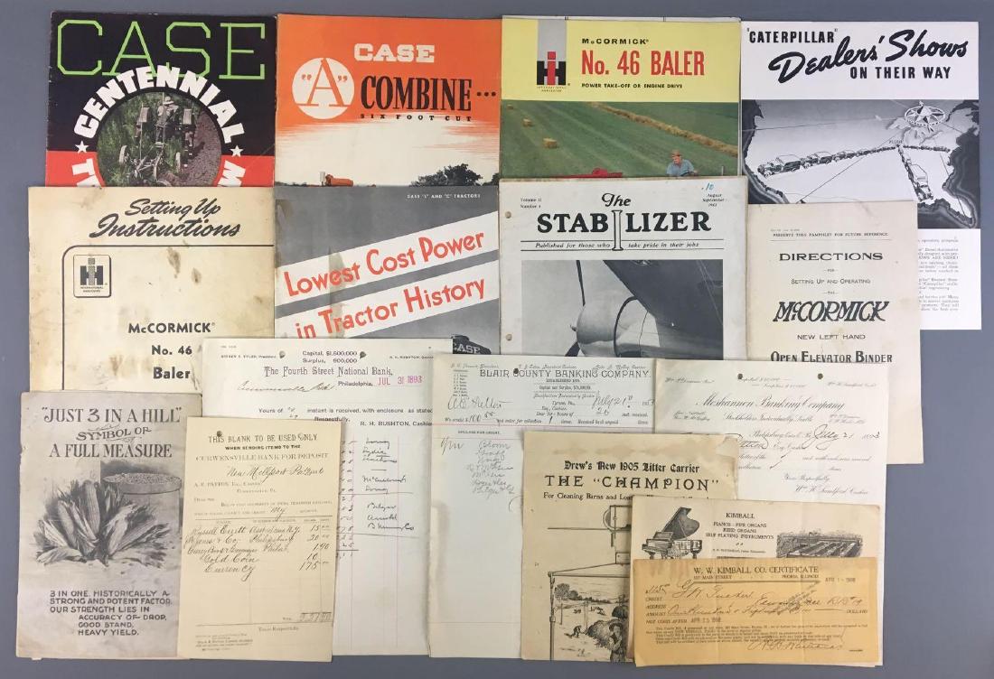 Group of Vintage Tractor Booklets and more: Includes case, caterpillar, International harvester, also bank statements from 1886 and 1893 and more