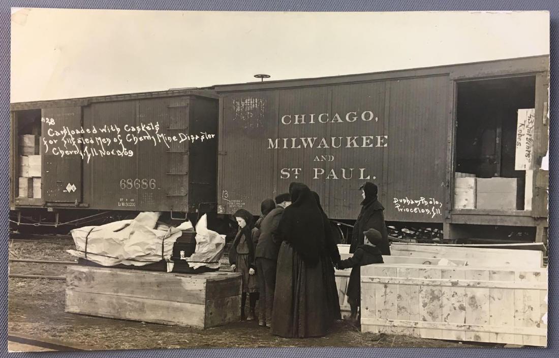 Postcard 1909 Real Photo Cherry Mine Disaster: Train cars loaded with caskets of the men that lost their lives Cherry Illinois By Durham Photos