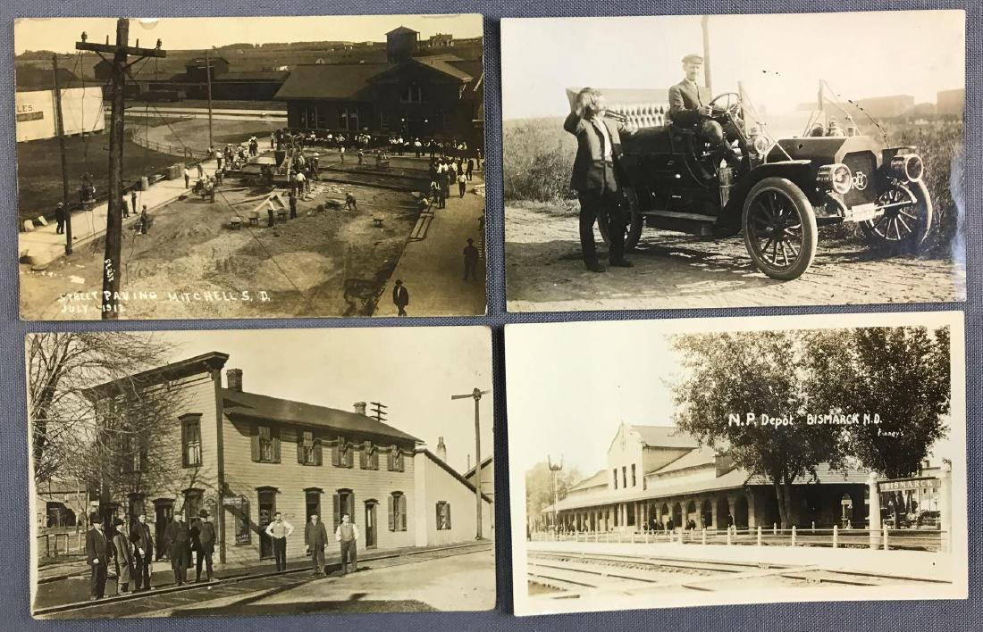 Postcards- Group of 7 Real Photo: Street paving, Depot, tractor, elephant and more
