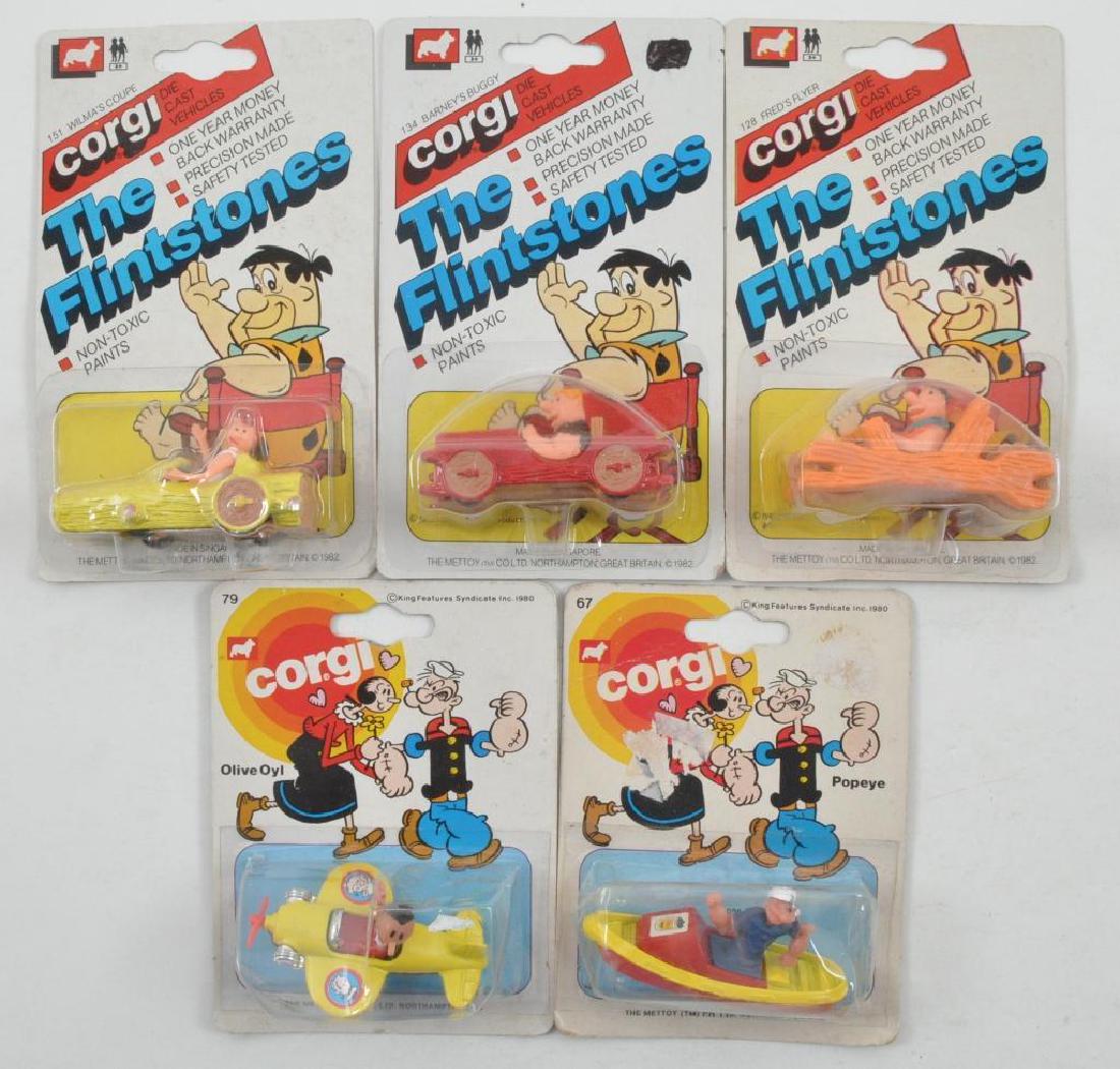 Group of 5 Corgi Junior Cartoon Charater Die-Cast: Includes Flintstones Fred, Wilma, Barney, Popeye, Olive Oy. MOC, Some Blister Cracking