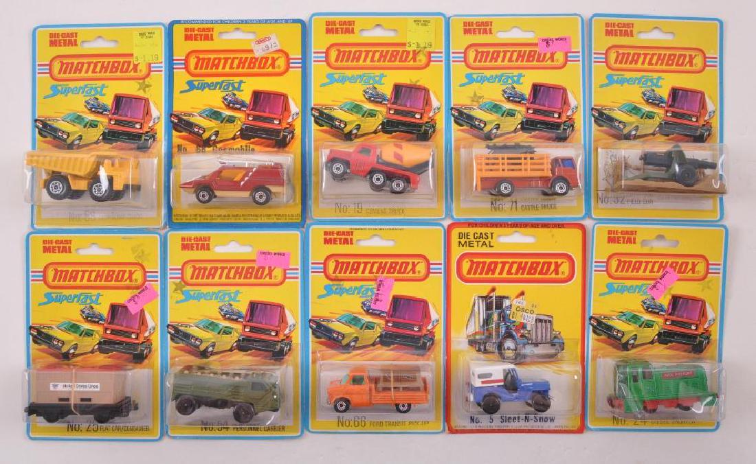 Group of 10 Matchbox Die-Cast Vehicles in Original: Includes No. 24 Diesel Shunter, No. 5 sleet N Snow, No. 66 Ford Transit Pick Up, No. 54 Personnel Carrier, No. 25 Flat Car, No. 32 Field Gun, No 71 Cattle Truck, No. 19 Cement Truck, No. 68 Cosmobile,