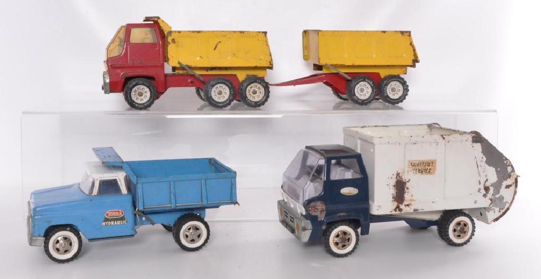 Group of 3 Tonka Toys Pressed Steel Trucks: Includes Garbage Truck, Dump Truck with Extra Trailer, and Pickup Truck. 1/16th Scale, Some Flaws and Missing Parts