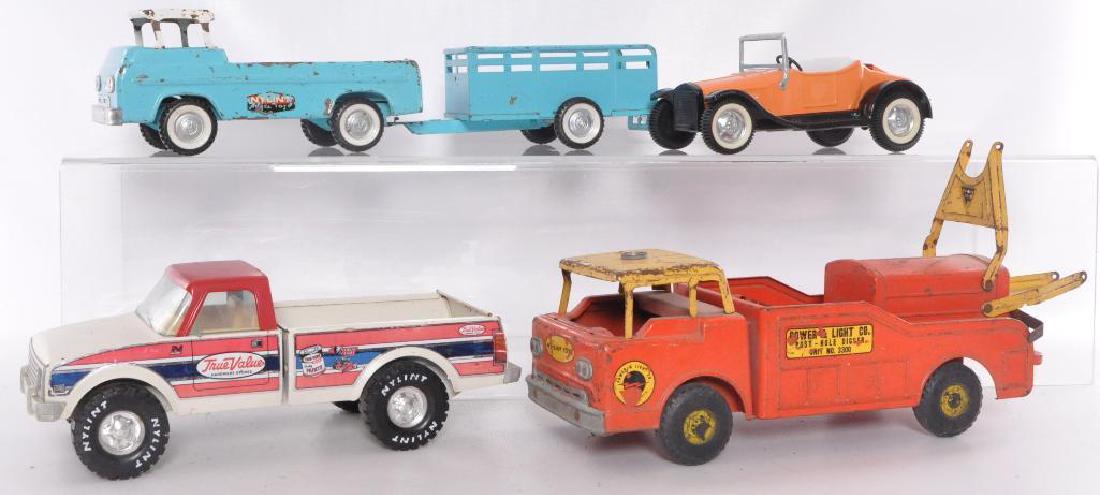 Group of 3 Nylint Pressed Steel Vehicles: Includes Truck with Trailer, Roadster, True Value Delivery Truck, and Power and Light Co. Pole Hole Digger. 1/16th Scale, Some Flaws and Missing Parts