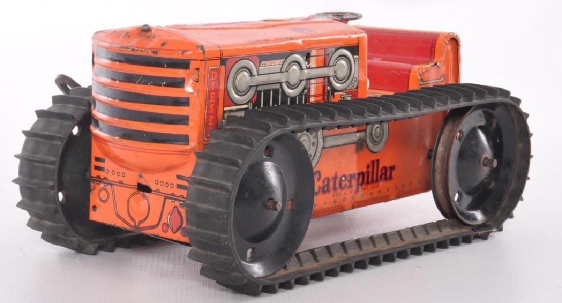 Marx Tin Litho Caterpillar Heavy Duty Wind Up Tractor: Working Condition, Missing Pieces, 10 x 5 x 5 inches
