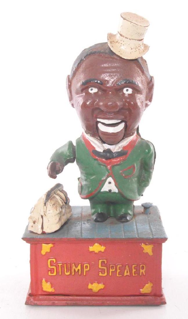 Stump Speaer Black Americana Cast Iron Coin Bank: Reproduction, Made in Taiwan, 5 x 4 x 9 1/2 inches