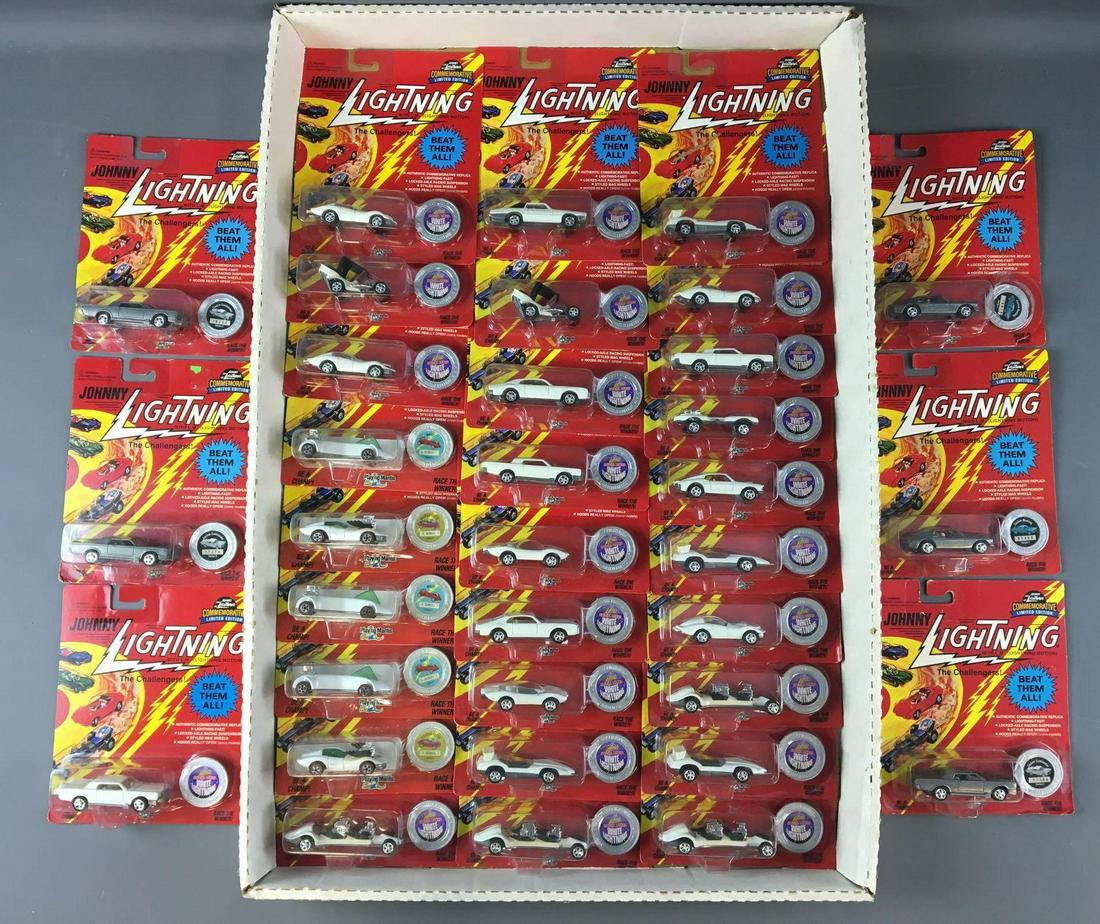 Group of 34 Johnny Lightning Commemorative Limited: Includes special bonus white lightning cars and more, 1 package has minor damage