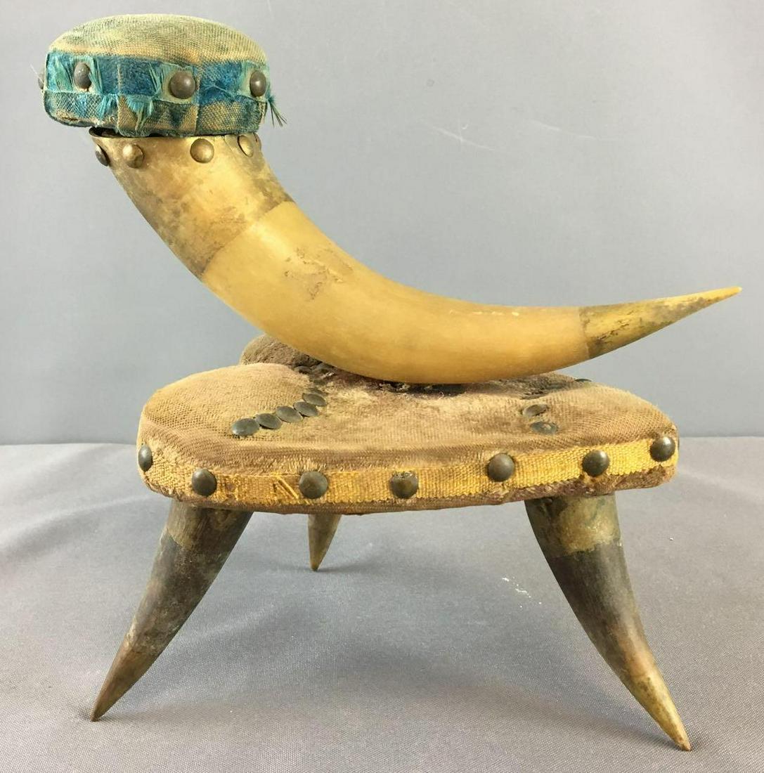 Antique Primitive Horn Pincushion: 9 x 9 inches