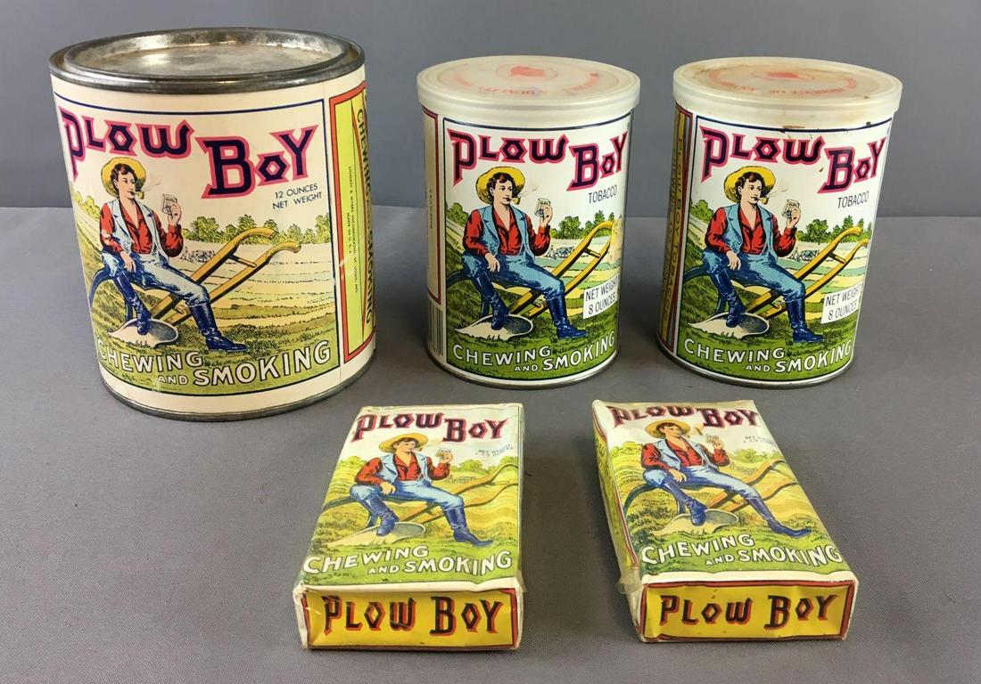Group of 5 Vintage Plow Boy Chewing and Smoking Tobacco: Largest can is 6 inches tall 5 inch diameter, most sealed in original packaging