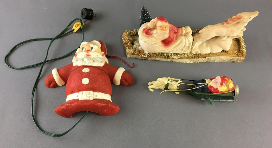 Group of 3 Vintage Christmas Decor: Includes Glo Lite Santa, windup sled with Santa and paper mache Santa on sled- broke in middle
