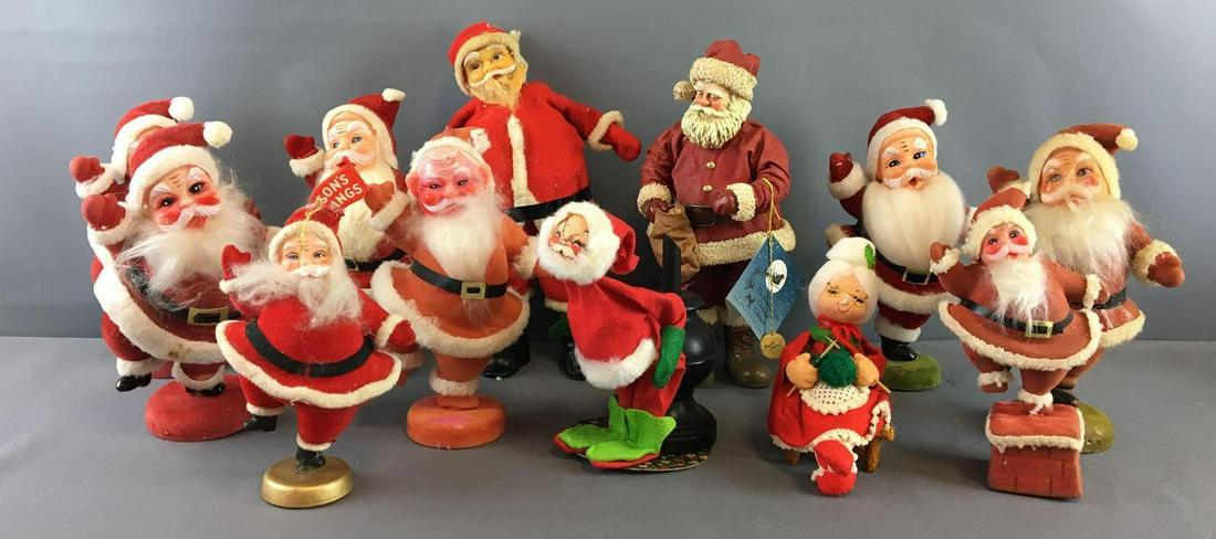 Group of 12 Vintage Santa Claus and more: Includes velvet Santas, annulee mobilitee dolls and more