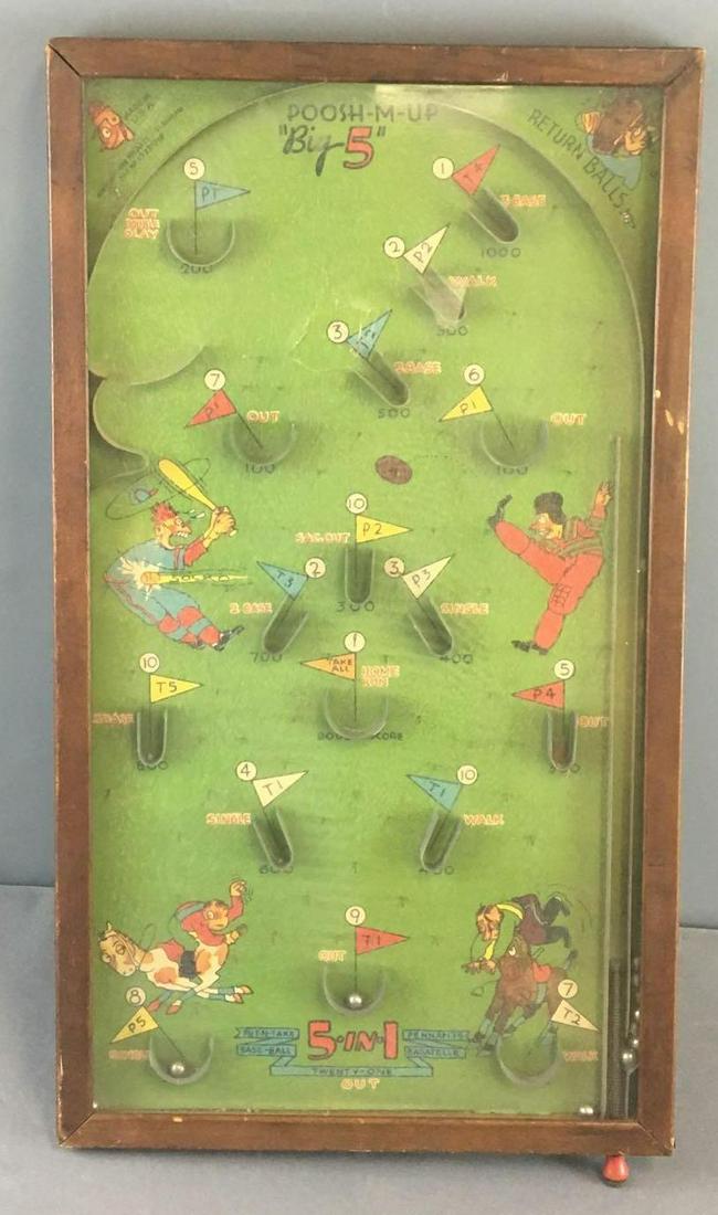 Vintage Posh-M-Up Big 5 Game: North western products, 5 in 1, base-Ball, put-n-take, twenty one, pennants and bagatelle, 13 x 23 inches