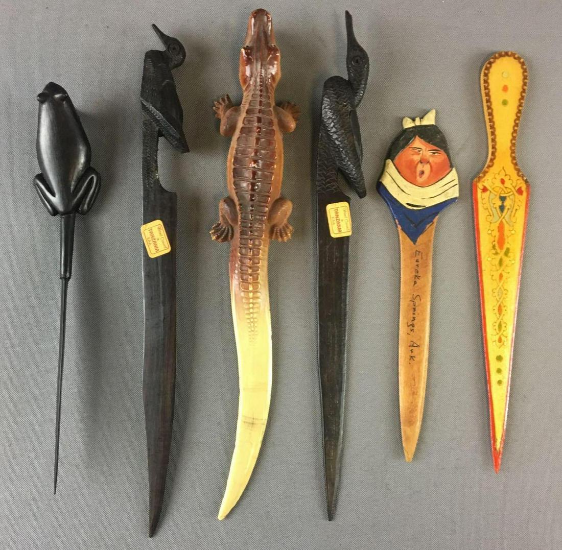 Group of Vintage Letter Openers: Includes Handcarved frog and birds openers, largest is 11 inches tall