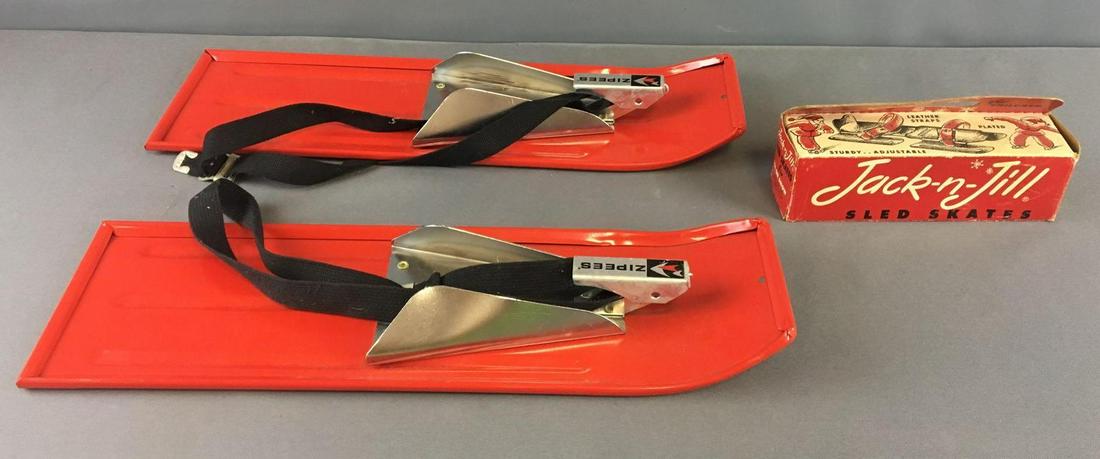 Group of 2 Vintage Sled Skates: 1 jack and Jill sled skates in original box for children and 1 pair of zipees 18 inches long
