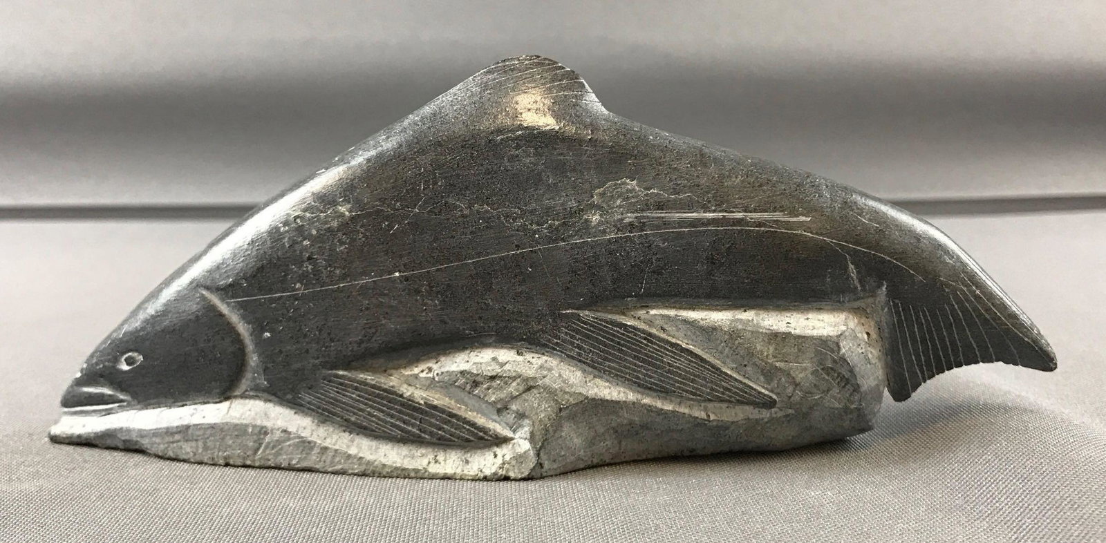 Inuit Eskimo Soapstone Fish carving: 6.5 inches long, Signed.