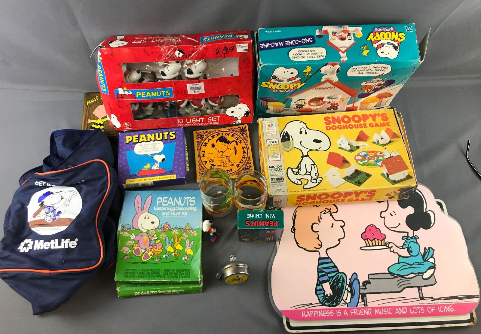 Peanuts holiday decor, bicycle bell, snow cone maker: Snoopy Sno Cone maker, vintage Snoopy Bicycle bell, Peanuts McDonald glasses