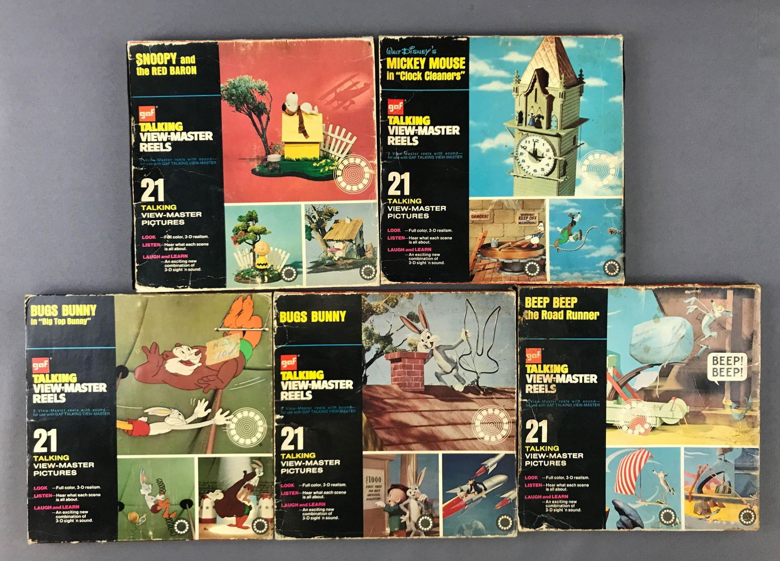 Group of 5 Talking Viewmaster Reels: Road runner, Mickey Mouse, Snoopy, Bugs Bunny