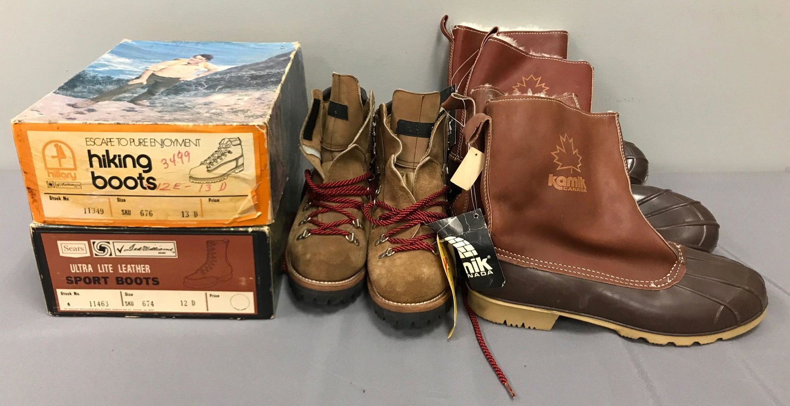 Group of 5 pairs of mens boots: Sizes 11-13. Some with tags