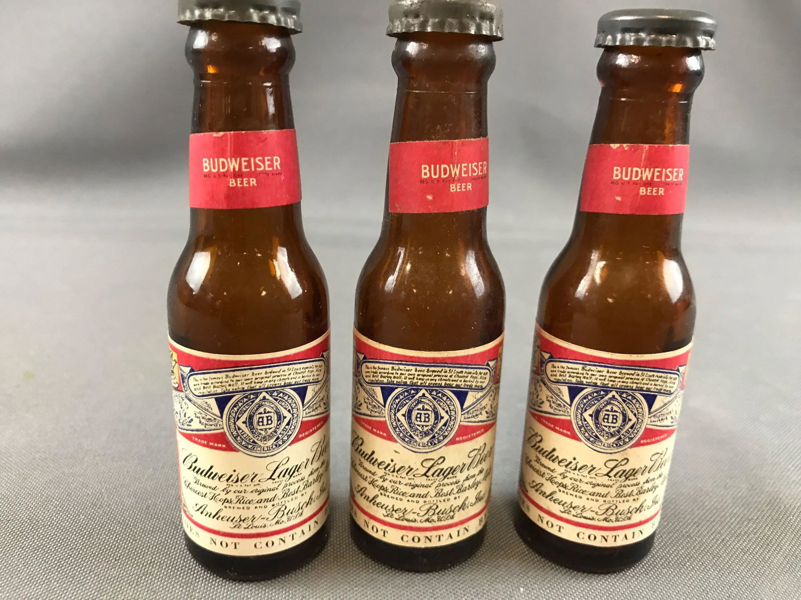 Group of 3 vintage miniature Budweiser Lager Beer: Glass bottles, 4 inches