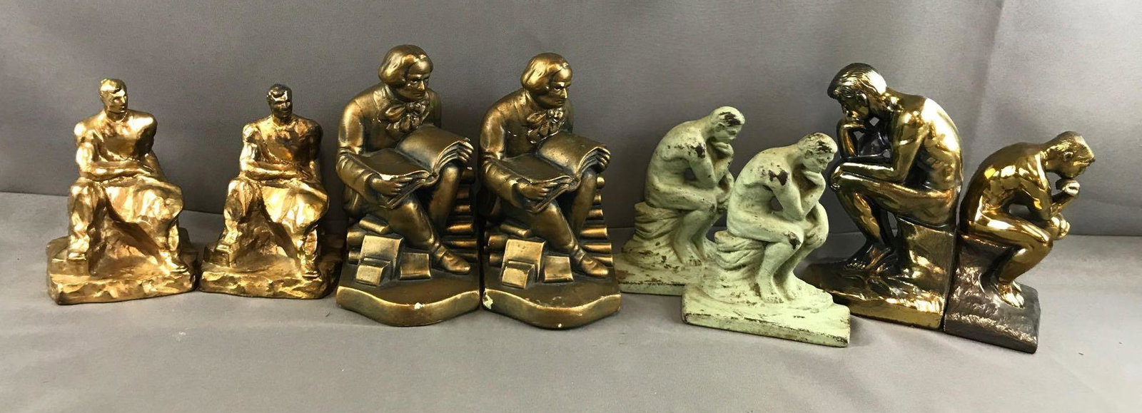 4 pairs vintage bookends: 4 sets bookends, seated male figures, The Thinker, McClelland Barclays and more