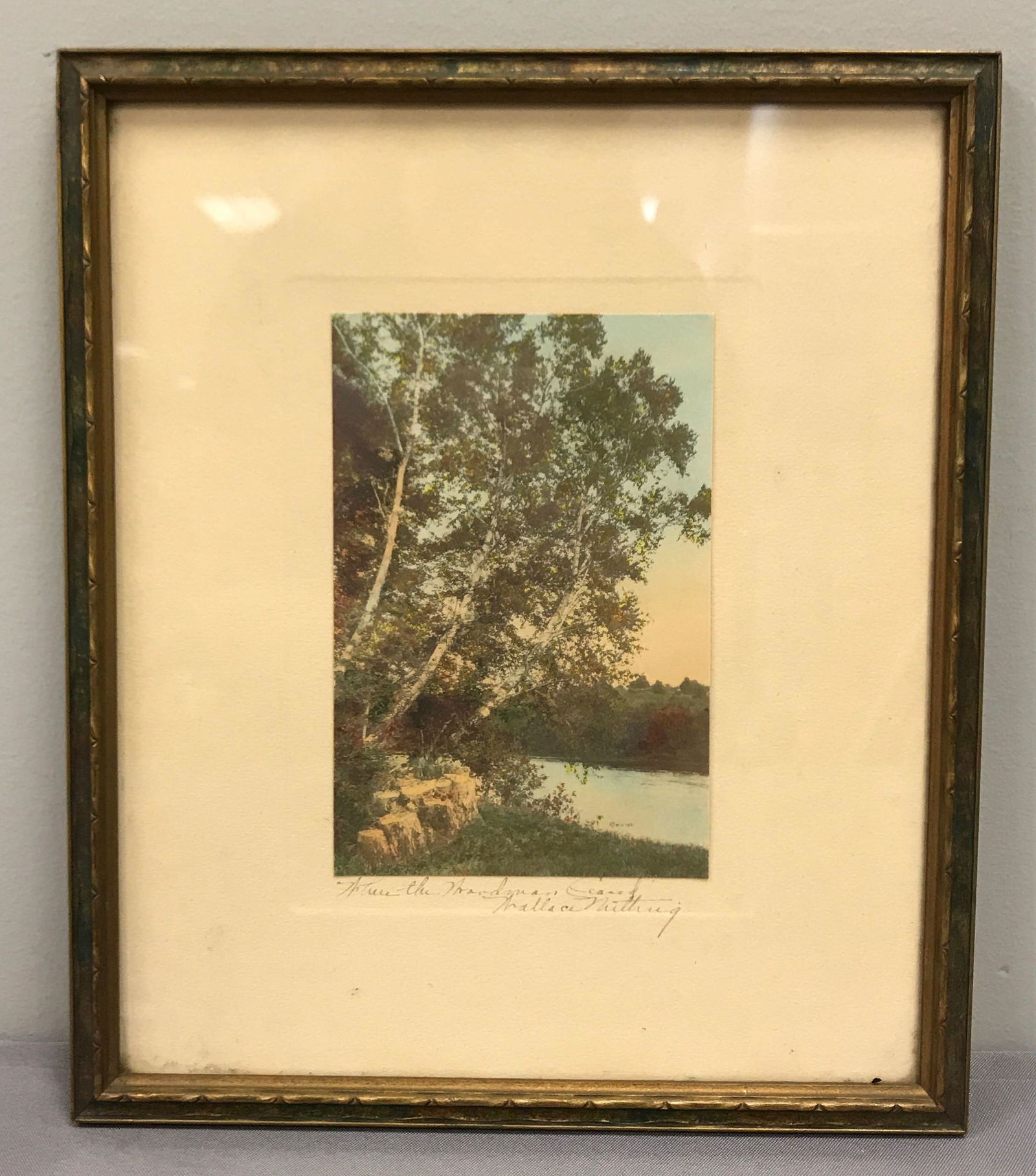 Vintage Wallace Nutting framed hand tinted print: Where the woodman ceased copyright 1921. 10 3/4 x 12 3/4