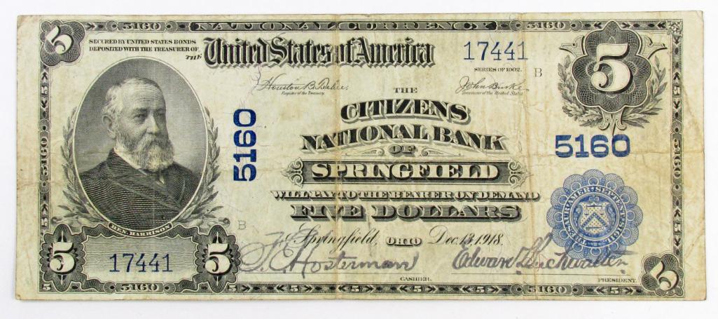 1902 $5 National Currency Note - The Citizens National: FR# 606 Plainback, Teehee/Burke, Serial # 17441, Charter# 5160.