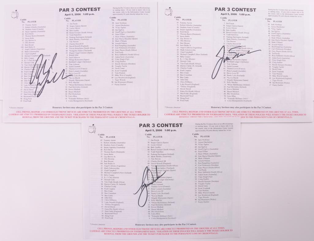 Group of 3 2006 Masters Par 3 Contest Signed Sheets: Signature Highlights Includes Tiger Woods, Jack Nicklaus, and Phil Mickelsan