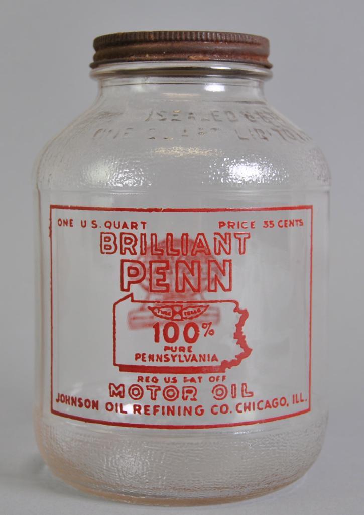 Vintage Brillant Penn Advertising Glass Motor Oil War: Johnson Oil Refining Co. Chicago Il., 4 x 6 1/4 inches