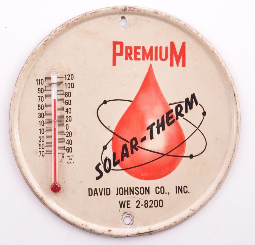 Vintage Premium Solar Therm Advertising Thermometer: David Johnson Co. Inc., 5 3/4 inches round