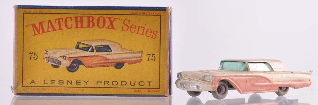 Matchbox No. 75 Thunderbird Die-Cast Vehicle with: Cream and Pink Body, GPW, Blue/Green Windows, Black Base, D Box, A Lesney Product, Made in England