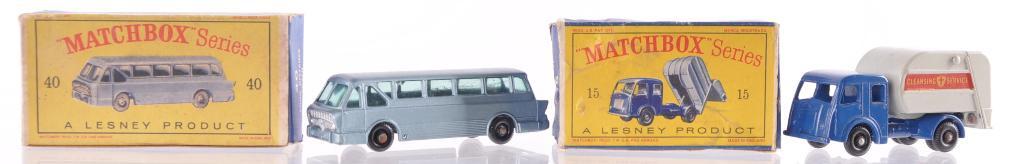 Group of 2 Matchbox Die-Cast Vehicles with Original: Includes No. 40 Long Distance Coach with Light Blue Body, Blue Windows, BRW, and No. 15 Refuse Truck with Blue Body, No Windows, and Peep Hole is Present. Some Box Flaws, D Boxes, A Lesney Product, Ma
