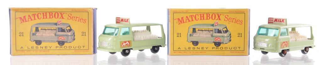 Group of 2 Matchbox No. 21 Milk Delivery Trucks: Both Have Light Green Body's with Blue/Green Windows and BPW. D Boxes, A Lesney Product, Made in England