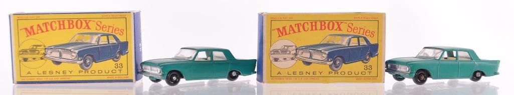 Group of 2 Matchbox No. 33 Ford Zephyr III Die-Cast: Both Have Mint Green Bodies with White Interiors and BRW. D Boxes, A Lesney Product, Made in England