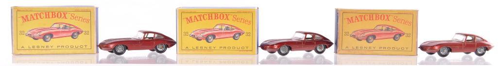 Group of 3 Matchbox No/ 32 'E' Type Jaguar Die-Cast: All Have Red Bodies with White Interiors and Spoked Wheels, D Boxes, A Lesney Product, Made in England