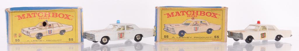 Group of 2 Matchbox No. 55 Police Car Die-Cast Vehicles: One Has a Blue Light with Silver Disk Hubcaps the Other Has a Red Light with BRW. E Boxes, Some Box Damage, A Lesney Product, Made in England