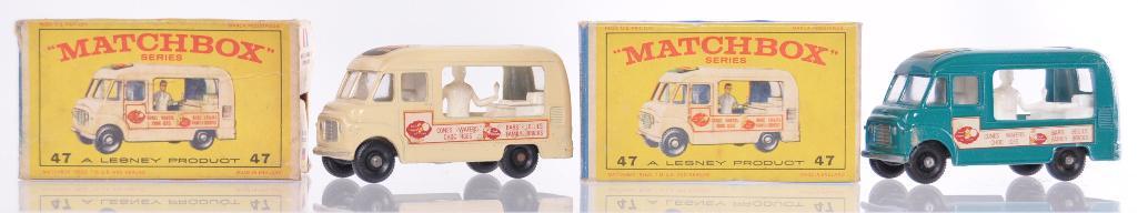 Group of 2 Matchbox No. 47 Lord Neilson Ice Cream Shop: Includes Cream and Mint Green Bodies with BRW, E Boxes, Some Box Damage, A Lesney Product, Made in England