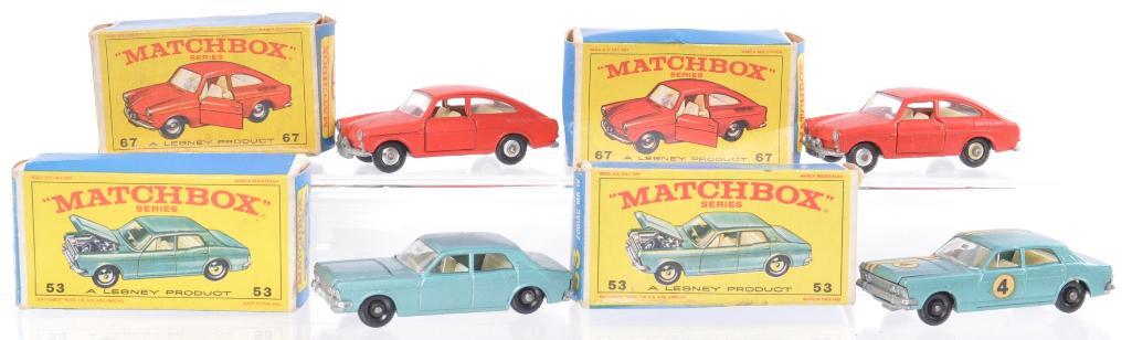 Group of 4 Matchbox Die-Cast Vehicles with Original: Includes 2 No. 67 Volkswagen 1600 TL with Red Bodies, and 2 No. 53 Ford Zodiac Mk IV both with Light Blue Bodies but one has No. 4 Decal and Racing Stripes. E Boxes, A Lesney Product, Made in England
