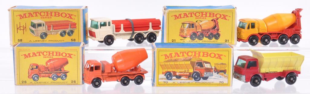 Group of 4 Matchbox Die-Cast Vehicles with Original: Includes No. 21 Foden Concrete Truck, No. 70 Grit Spreading Truck, No. 26 Cement Lorry, and No. 58 DAF Girder Truck. E Boxes, A Lesney Product, Made in England