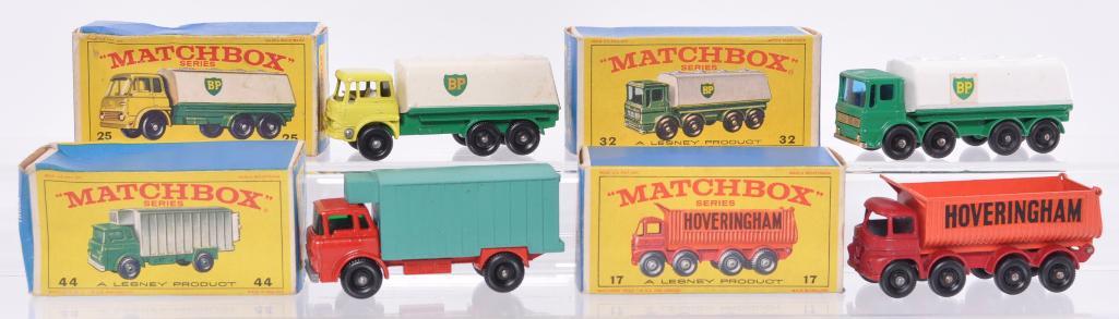 Group of 4 Matchbox Die-Cast Vehicles with Original: Includes No. 25 BP Tanker, No. 32 Leyland Petrol Tanker, No. 17 8 Wheel Tipper, and No. 4 Refrigerator Truck. E Boxes, A Lesney Product, Made in England