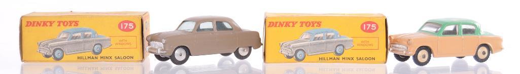 Group of 2 Dinky Toys No. 175 Hillman Minx Saloon: One has a Brown Body and the other has a Tan and Teal Body, Made in England