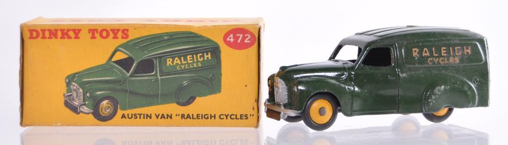 Dinky Toys No. 472 Austin Van "Raleigh Cycles" Die-Cast: Dark Green Body with Raleigh Cycles logo, Made in England