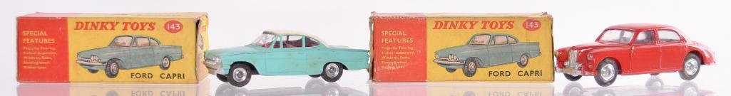 Group of 2 Dinky Toys Die-Cast Vehicle with Boxes: Includes Riley Pathfinder with Red Body and No. 143 Box and No. 143 Ford Capri with Teal body and White Top. Made in England