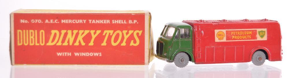 Dublo Dinky Toys No. 070 A.E.C. Mercury Tanker "Shell: Green Cab with Red Tanker with Shell and BP logo. Made in England