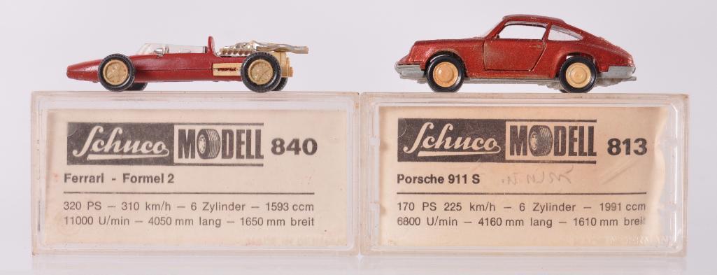 Group of 2 Schuco Die-Cast Vehicles with Original Boxes: Includes No. 840 Ferrari Formel 2 and No. 813 Porsche 911 S. Made in Western Germany