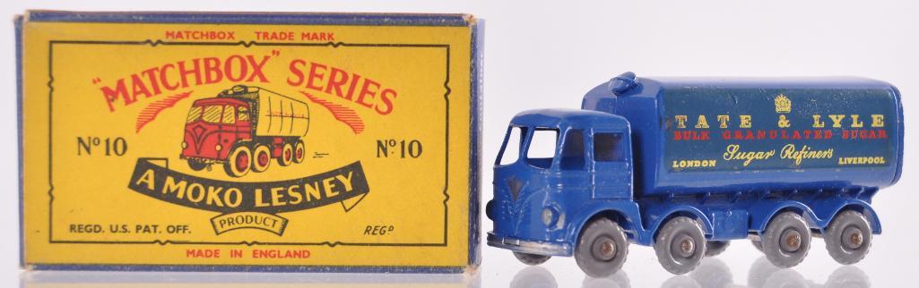Matchbox No. 10 Foden Sugar Container Die-Cast Vehicle: "Tate and Lyle" Crown Decal is present, Blue Body with GPW and No Windows. D Moko Box, A Moko Lesney Product, Made in England, MIB