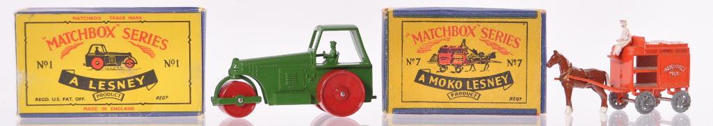 Group of 2 Matchbox Die-Cast Vehicles with Original: Includes No. 1 Diesel Road Roller and No. 7 Horse Drawn Milk Float. D Boxes, A Moko and Lesney Product, Made in England, MIB