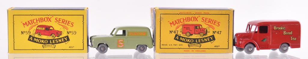 Group of 2 Matchbox Die-Cast Vehicles with Original: Includes No. 59 Ford Singer Van with Light Green Body, GPW, and No Windows, and No. 47 Brooke Bond Tea Trojan with Red Body, GPW, and No Windows. D Moko Box, A Moko Lesney Product, Made in England, MI